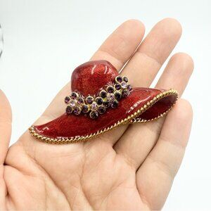 Vintage Large Red Hat Enamel Brooch Gold-Tone PurpleRhinestone Red Hat Lady